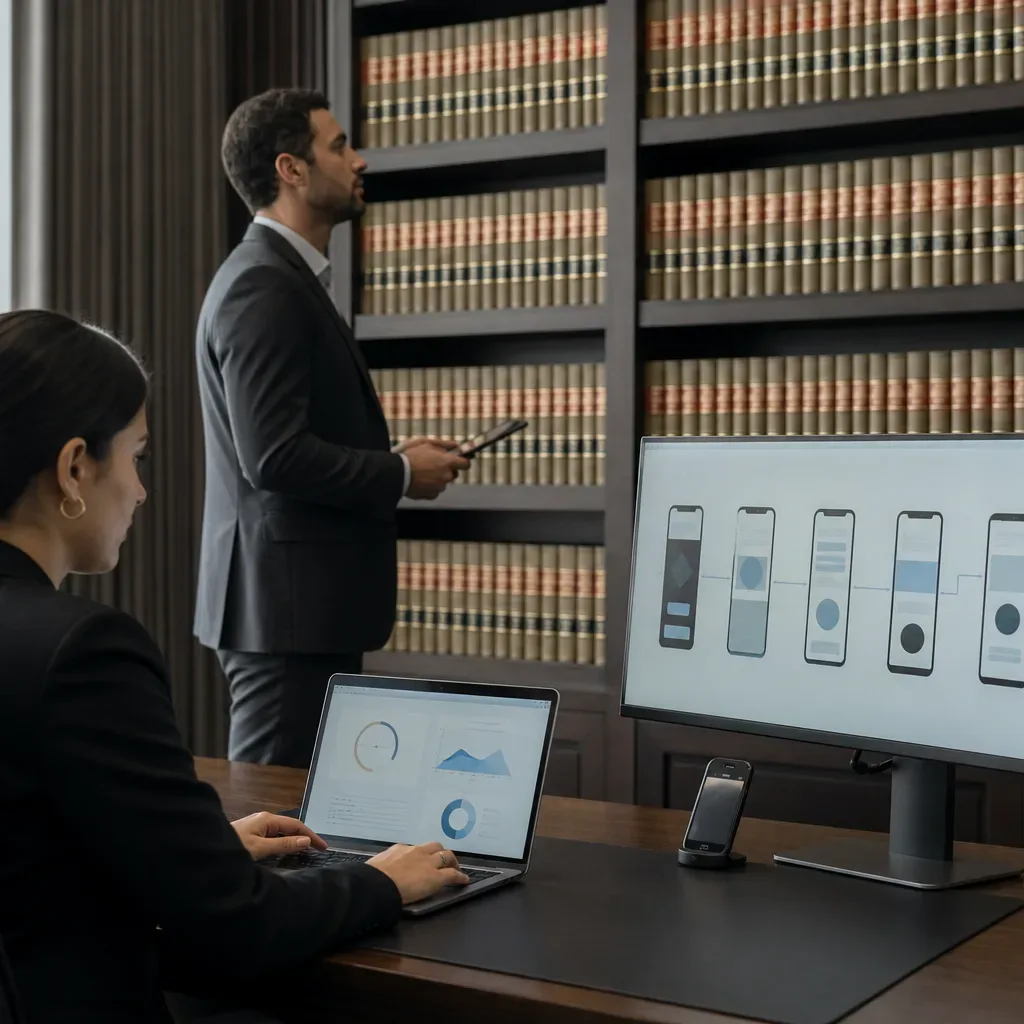 A person works at a laptop and large monitor displaying mobile interface wireframes, while another person stands beside a full-height bookcase of legal volumes