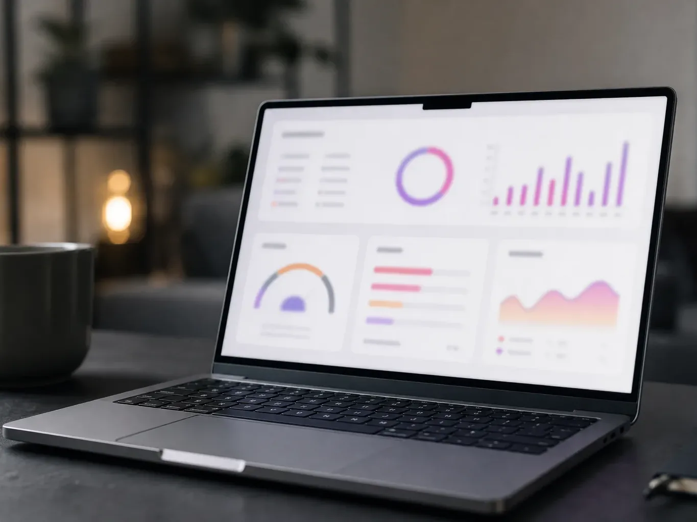 An open laptop on a dark desk displays a glowing dashboard of coloured charts and graphs, a grey mug beside it and soft warm light in the background
