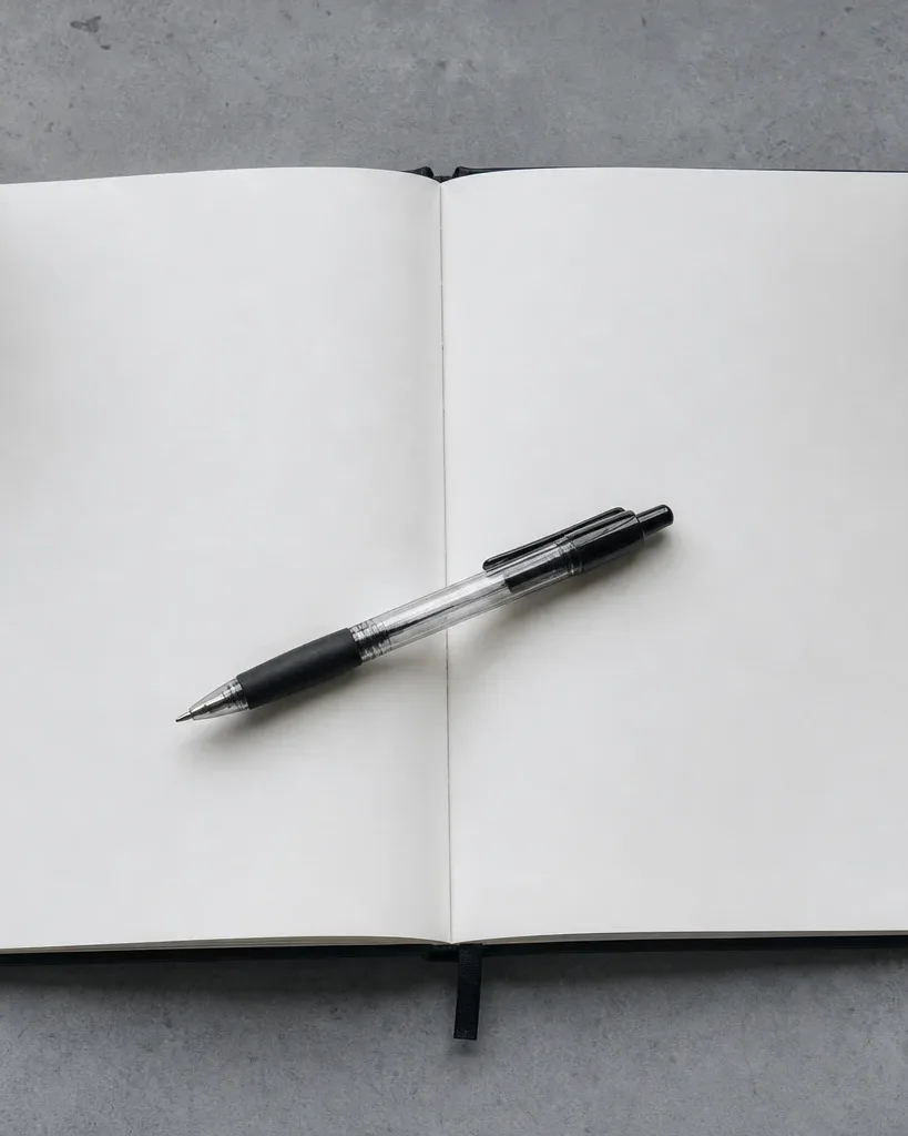 An open notebook with blank pages lies flat on a concrete surface, a ballpoint pen resting across the spine, with binder clips, a small plant, a pen holder and a second notebook visible nearby