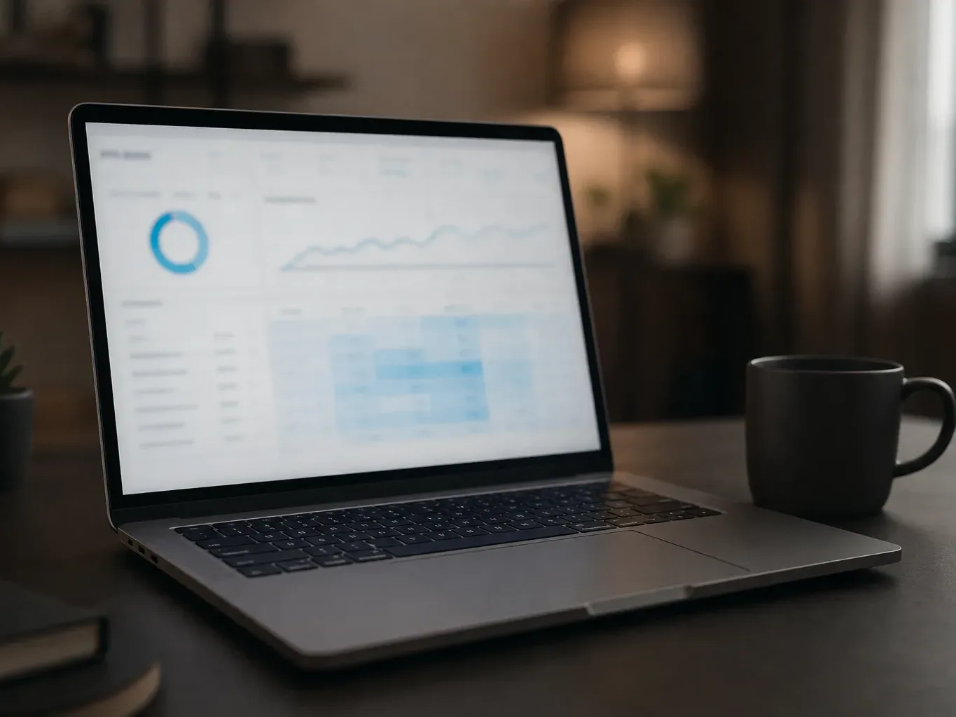 An open laptop on a dark desk displays a glowing analytics dashboard with charts and graphs, beside a dark ceramic mug
