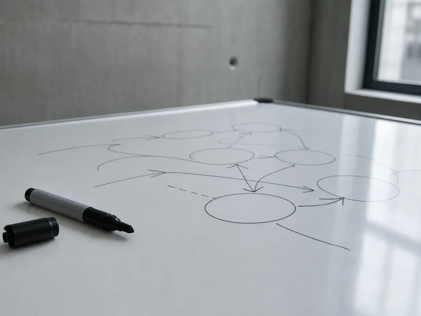 A whiteboard lying flat on a surface with a diagram of circles and arrows drawn in marker, the uncapped marker and its lid resting nearby