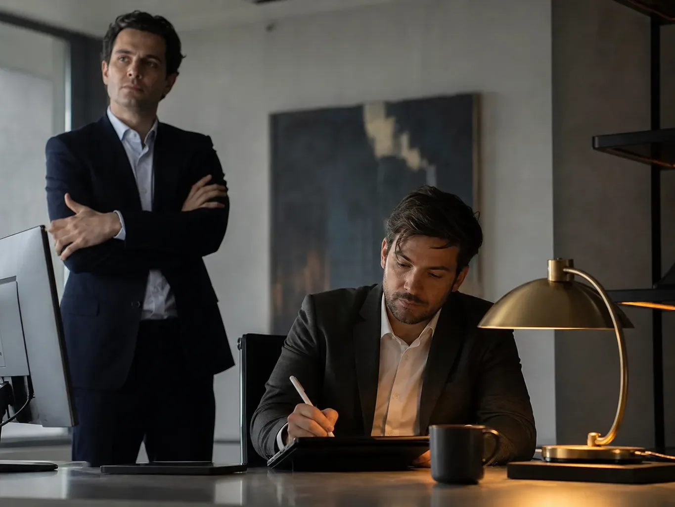 Two people in dark suits work at a desk in a modern office, one seated and writing on a tablet with a stylus, the other standing with arms folded beside a monitor, a brass lamp casting warm light across the surface