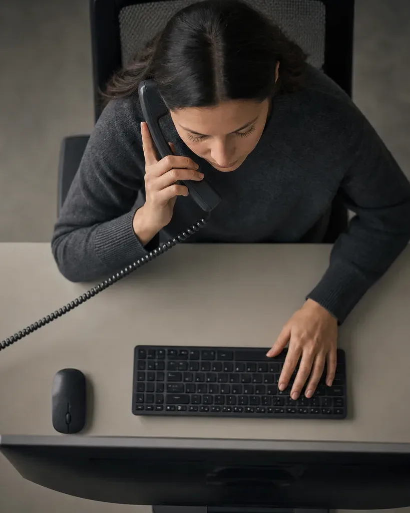 A person sits at a desk talking on a corded telephone handset whilst typing at a keyboard, viewed from directly above