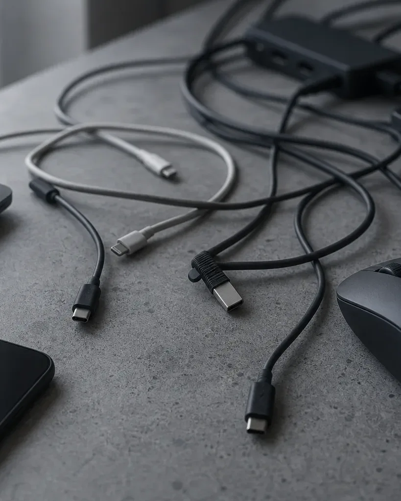 A tangle of charging cables with various connector types lies across a grey concrete work surface beside a wireless mouse, a laptop, and a smartphone