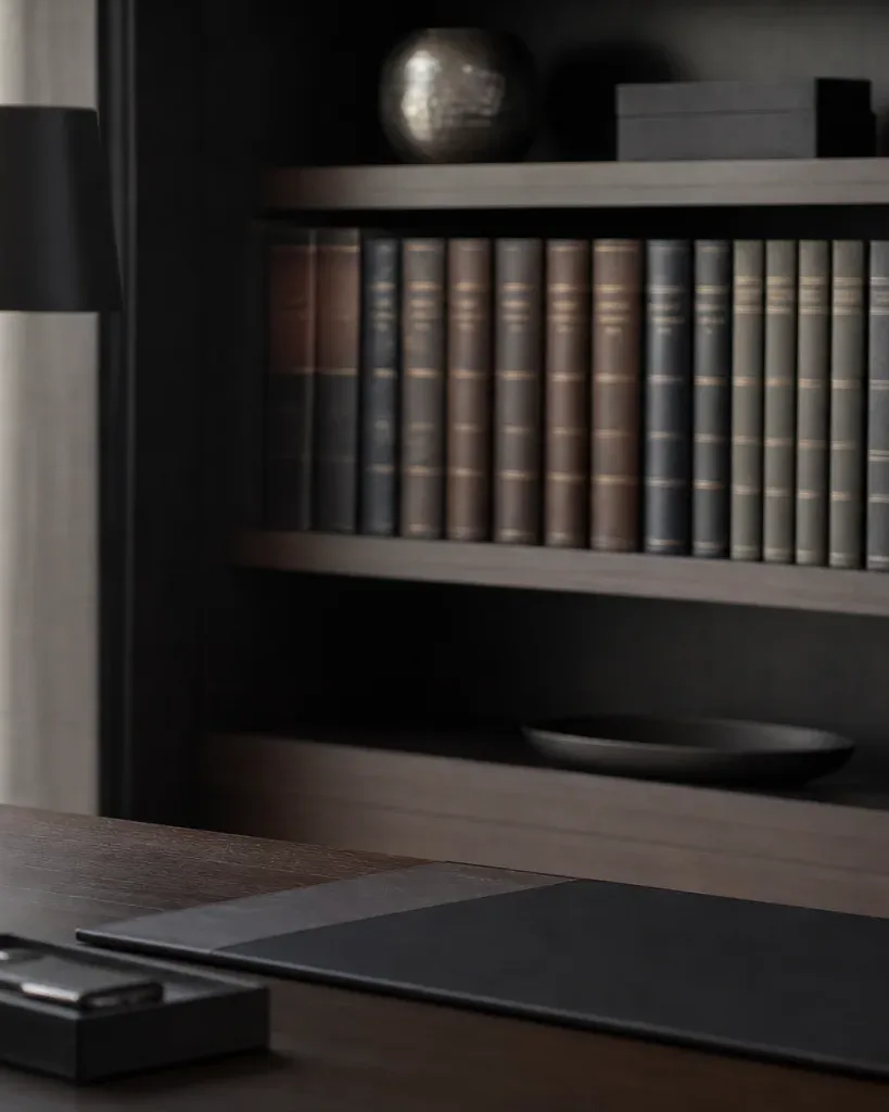 A dark-wood desk with a leather writing pad, pen holder and lamp sits before a tall bookcase filled with rows of bound volumes and decorative objects