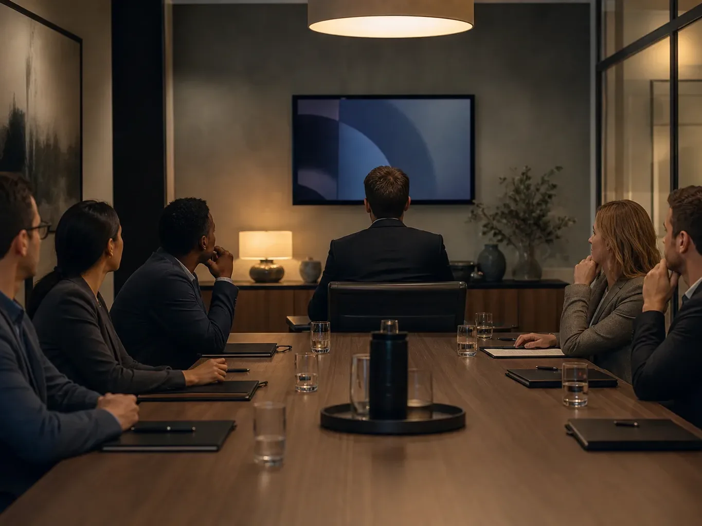 Several people in business attire sit around a long conference table in a dimly lit meeting room, facing a wall-mounted screen showing abstract shapes