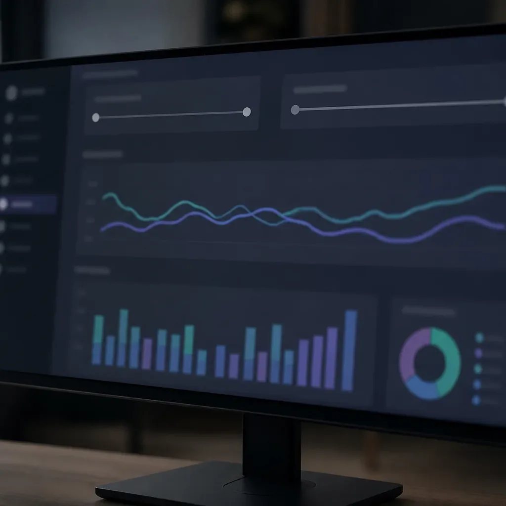 A wide monitor on a desk displays colourful line graphs and bar charts on a dark dashboard interface, with small potted plants either side and a softly blurred office behind