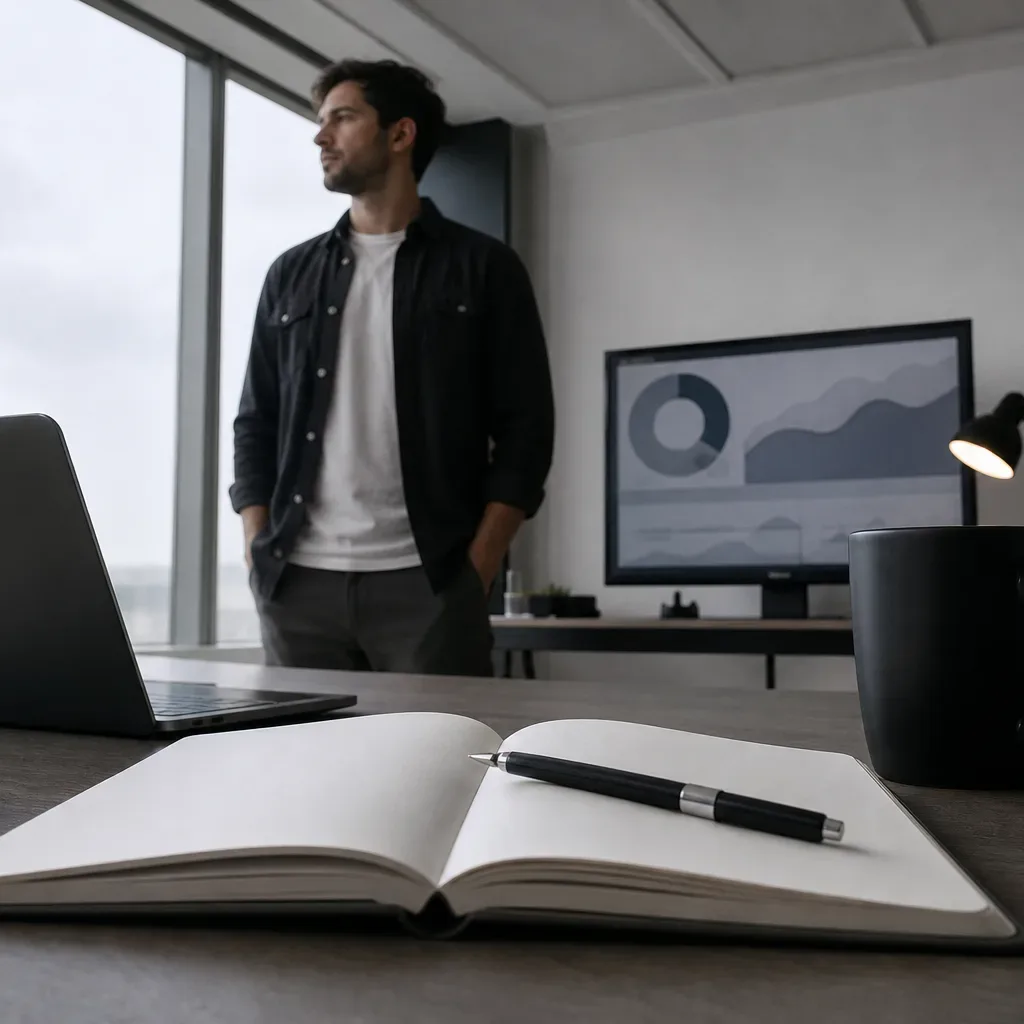 A person stands looking out of a large office window beside a desk holding an open notebook with a pen, a laptop, a mug, and a small plant, with a monitor displaying abstract graphs in the background