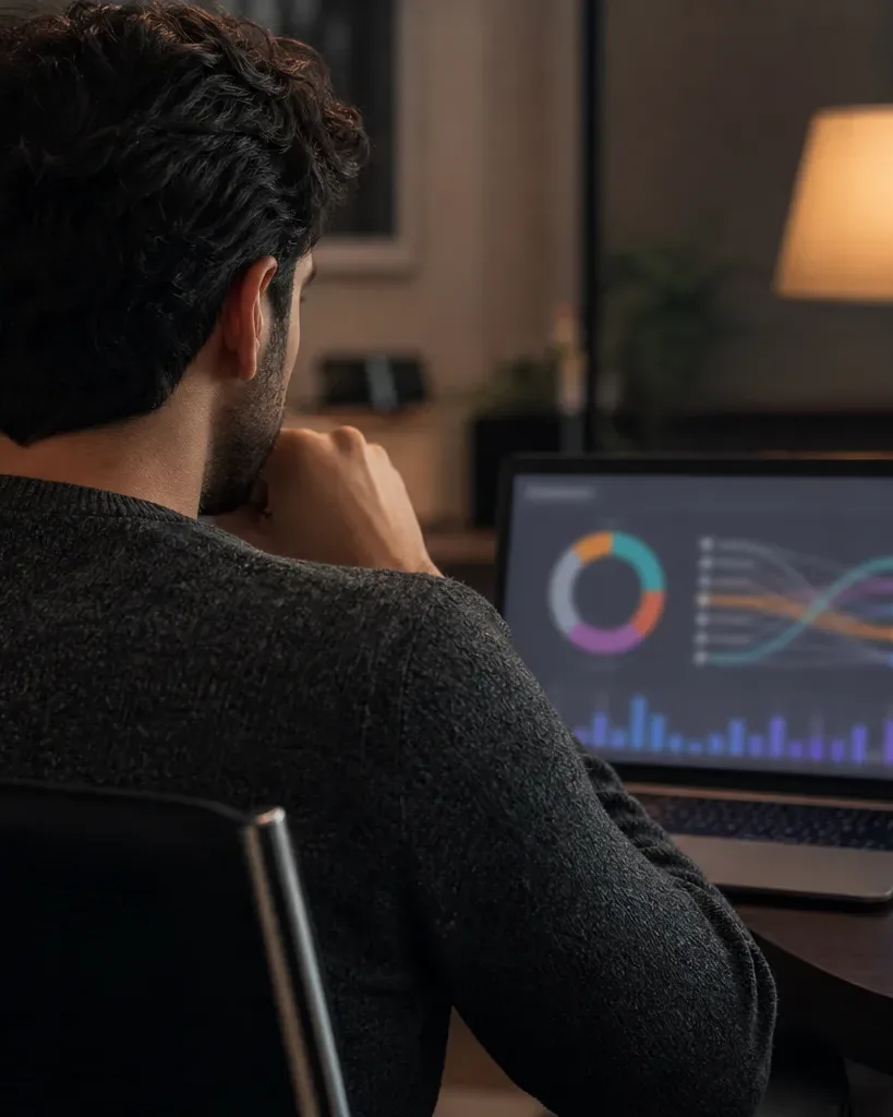 A person sits with their back to the camera at a desk in a dimly lit room, studying a laptop screen displaying colourful charts and graphs, with a mug and a lamp visible nearby